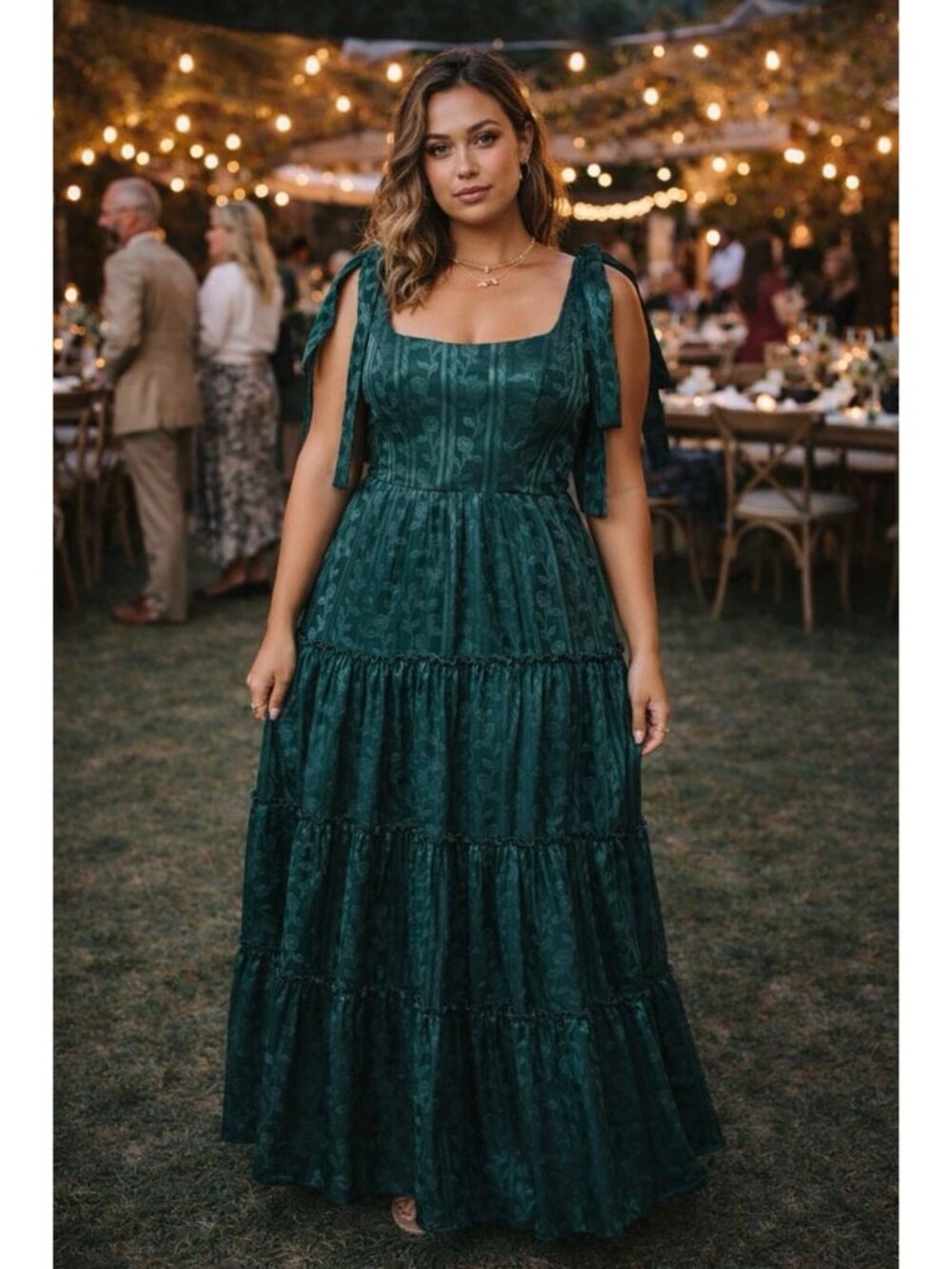 Lulu's Emerald Green Tie-Shoulder Jacquard Maxi Dress
